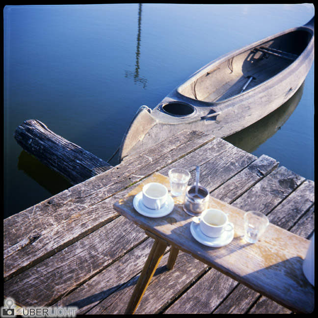 Agfa Click II roll film camera, analog, pond with canoe, Bavaria